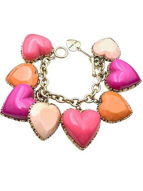 Very Rare Vintage Betsy Johnson Pink Puffy Heart Charm Gold Tone Bracelet 8 Inch